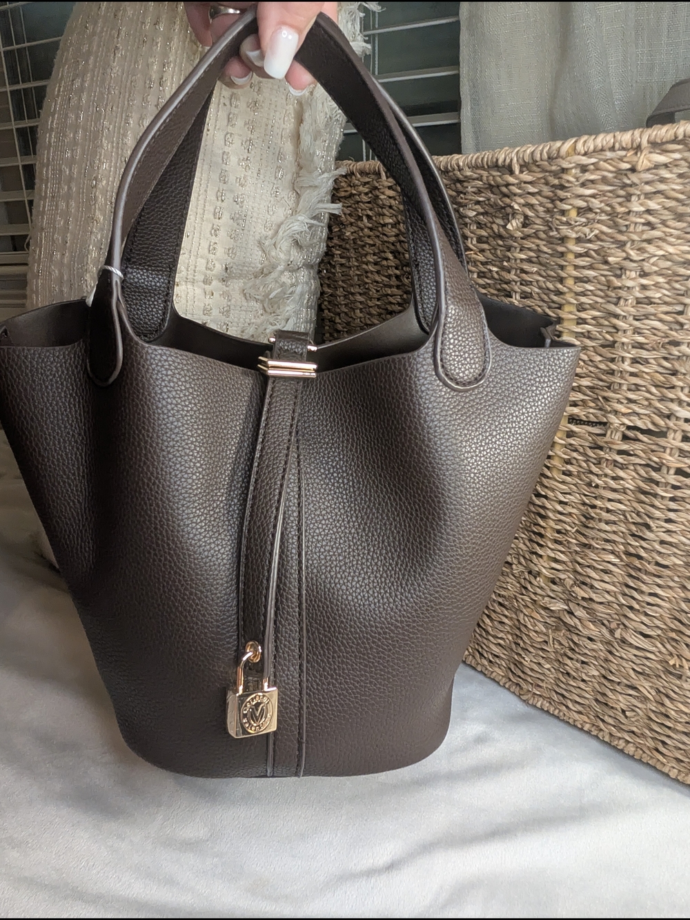 Valentino Orlandi Dark Brown Pebbled Leather Bucket Tote with Gold Lock